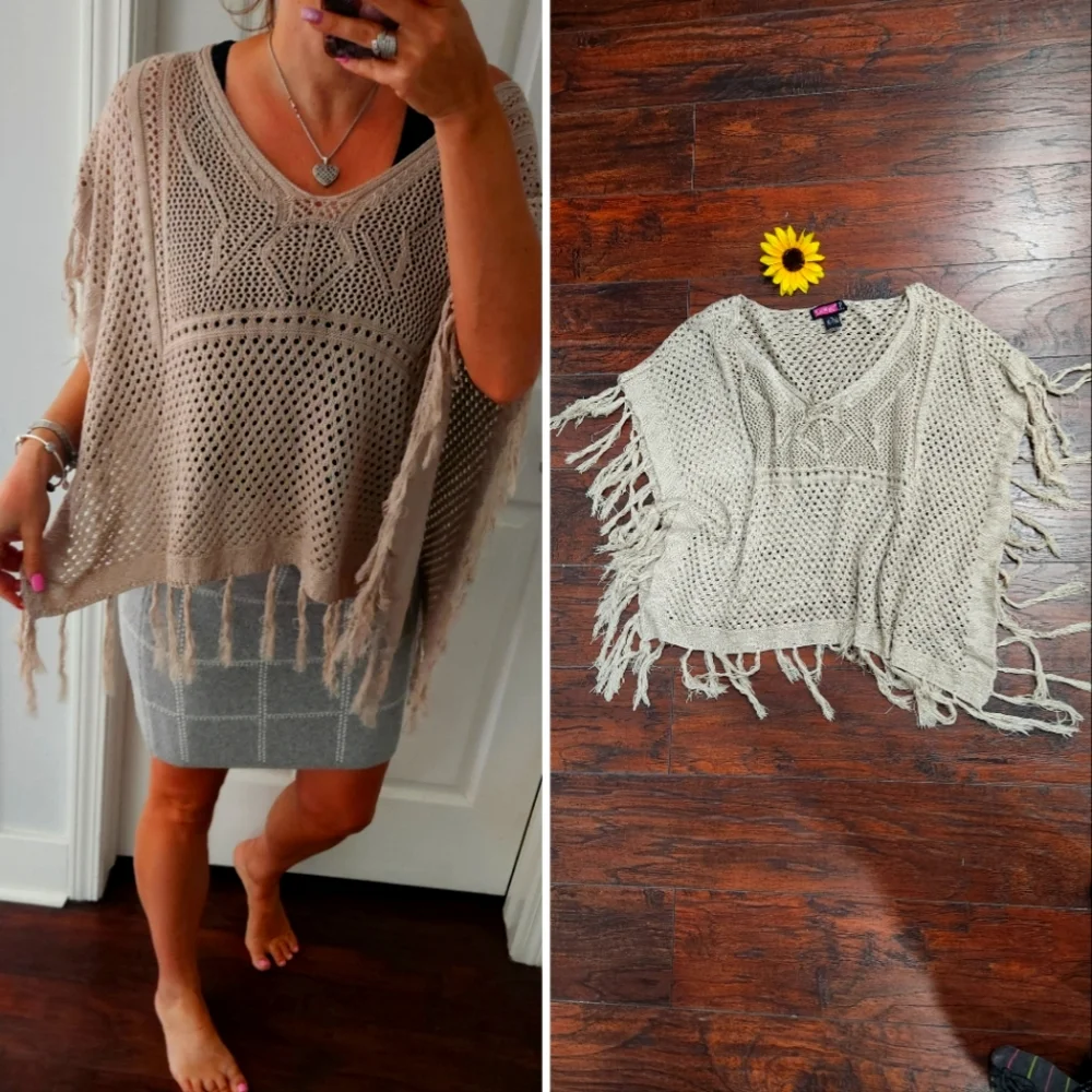 Boho Knit Crochet Poncho Fringe Sweater XL - Picture 3 of 11